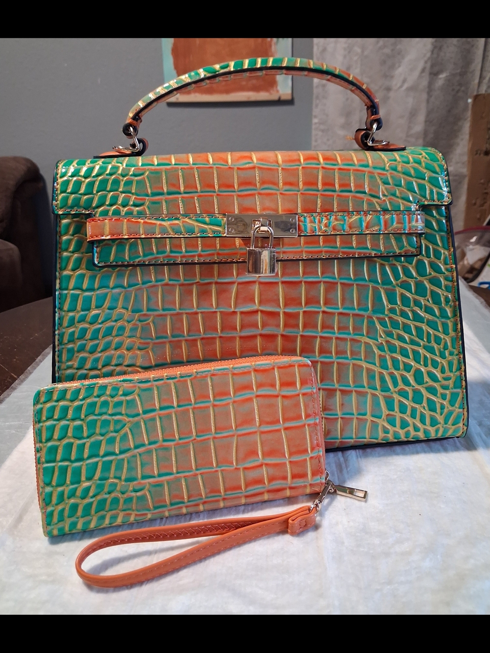 Top-Handle Croc-Embossed Tote in Turquoise and Orange
